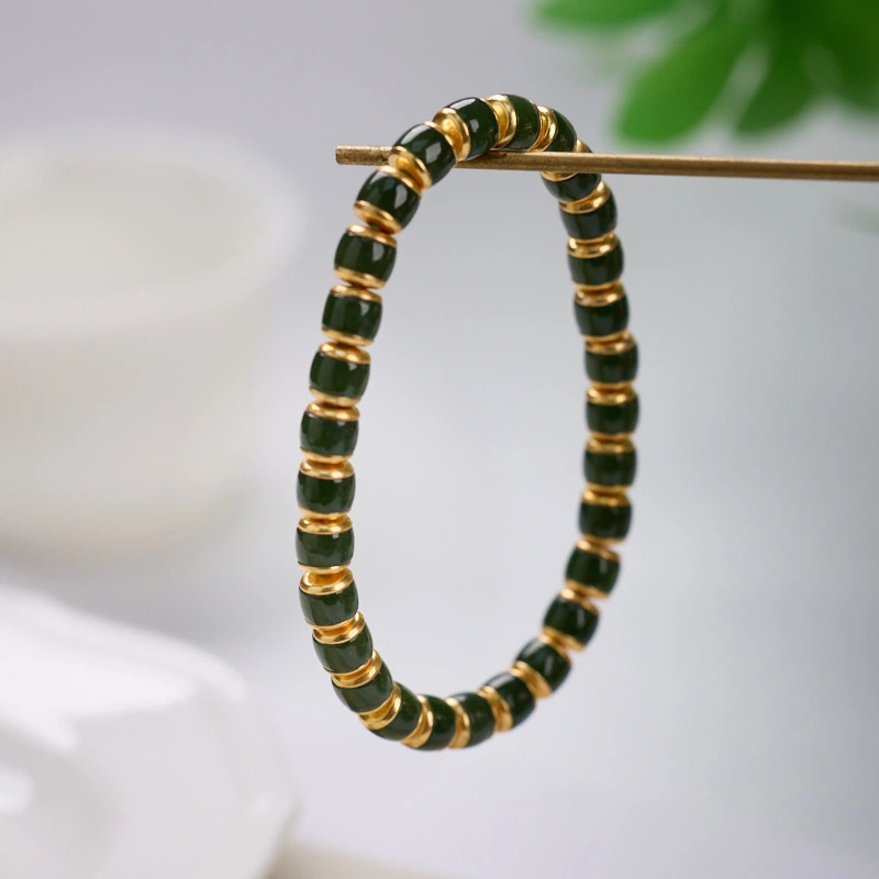 TerraDharma "Spirit Soothing & Emotional Balance" Natural Barrel-shaped Beads of Hetian Nephrite Jade Bracelet