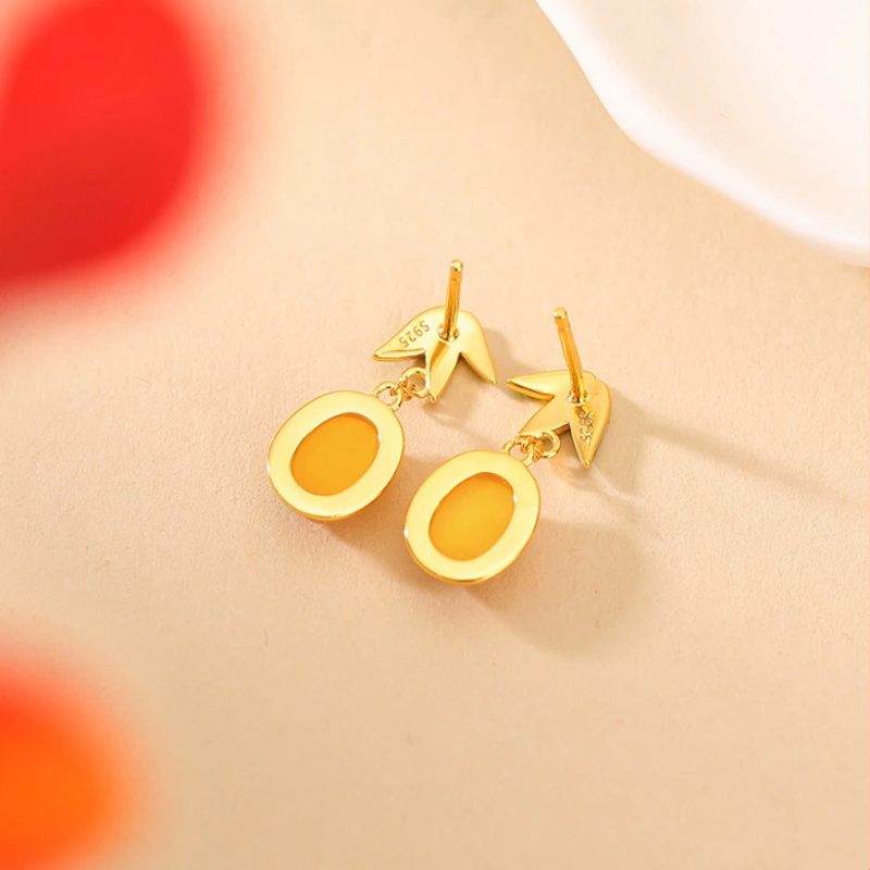 TerraDharma "Nurturing Fortune & Vitality Aundance" Amber & Enamel Bamboo Leaves Earrings