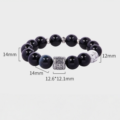 Obsidian & White Turquoise with Six Syllable Mantra Beaded Bracelet