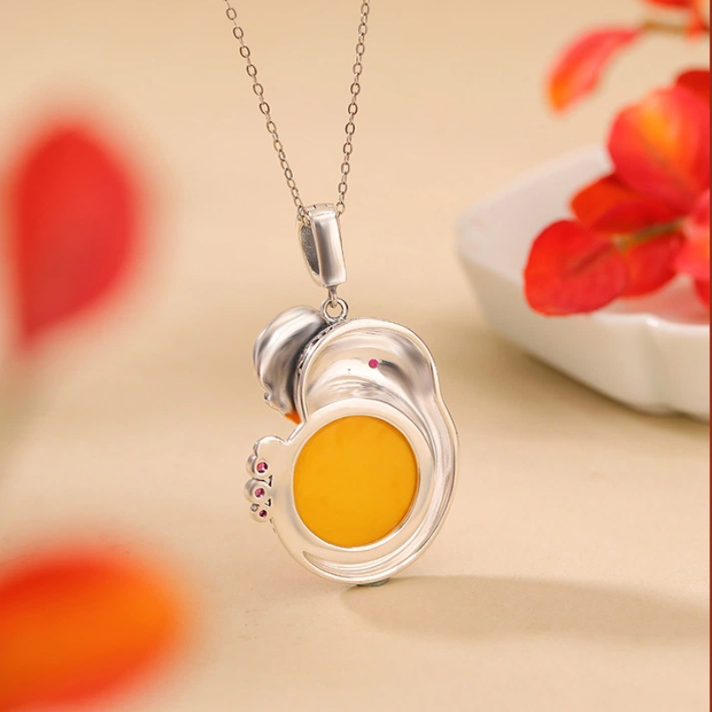 TerraDharma "Auspicious Guardianship & Nurturing Fortune" Amber & Lucky Elephant Pendant Necklace