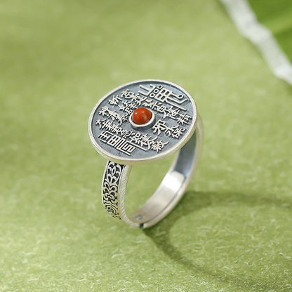Natural South Red Agate with Mountain Ghost Amulet Coin Ring (with Sterling Silver)