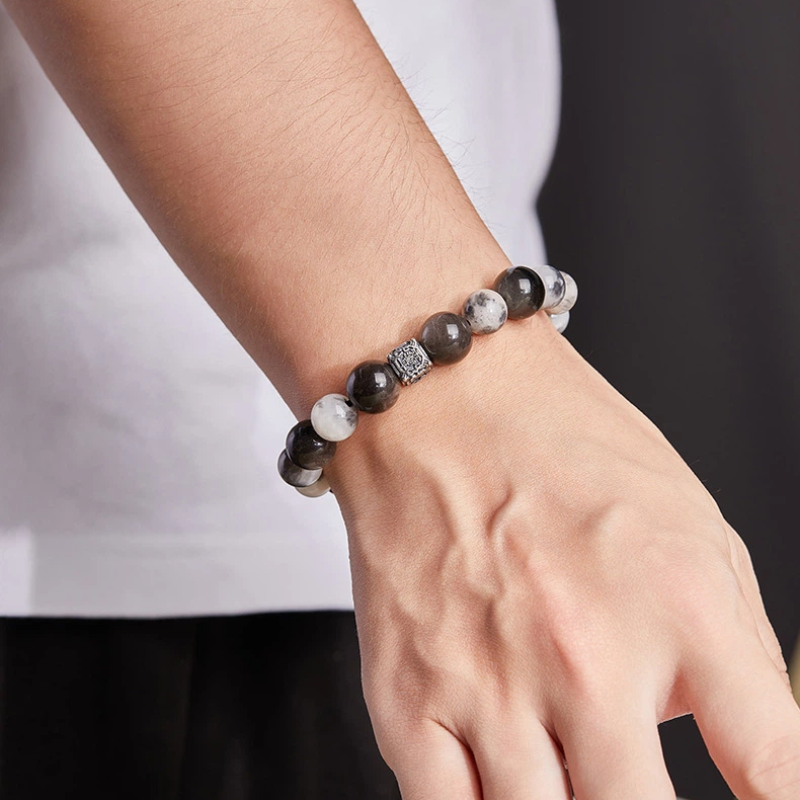 TerraDharma "Focused Serenity & Spiritual Healing" Blue Tiger's Eye & Silver Obsidian Bracelet