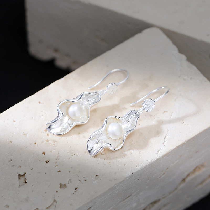 TerraDharma "Spiritual Uplift & Prosperity Bearing" Freshwater Pearl with Lotus Leaf Shape Earrings