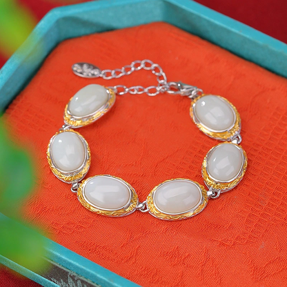 Natural Cabochon Hetian Jade Bracelet (with Silver-Gilded Tang Dynasty Scroll Grass Pattern)