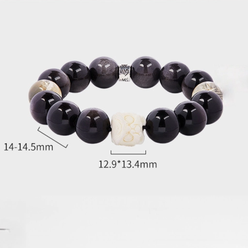 Ivory Nut of Awakening Lion & Lemon Quartz and Silver Obsidian Bracelet