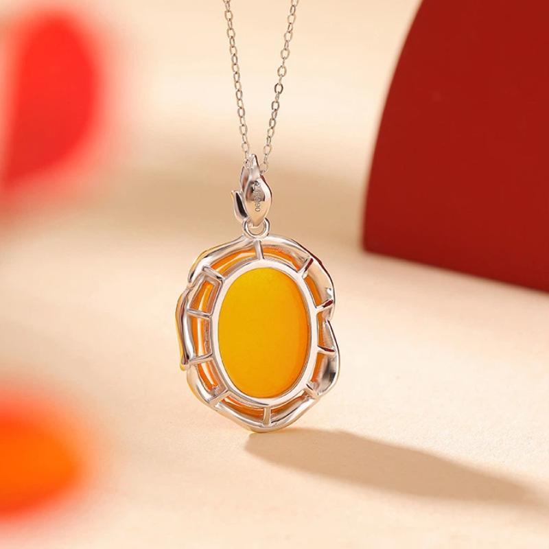 TerraDharma "Vitality Unfolding & Strength-Infused Blessing" Amber & Leaf - Shaped Gilded Silver Pendant Nacklace