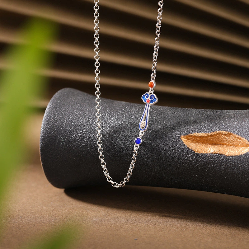 TerraDharma "Blessing Embracing & Wealth Attraction" South Red Agate & Cloisonné Ruyi Sterling Silver Necklace