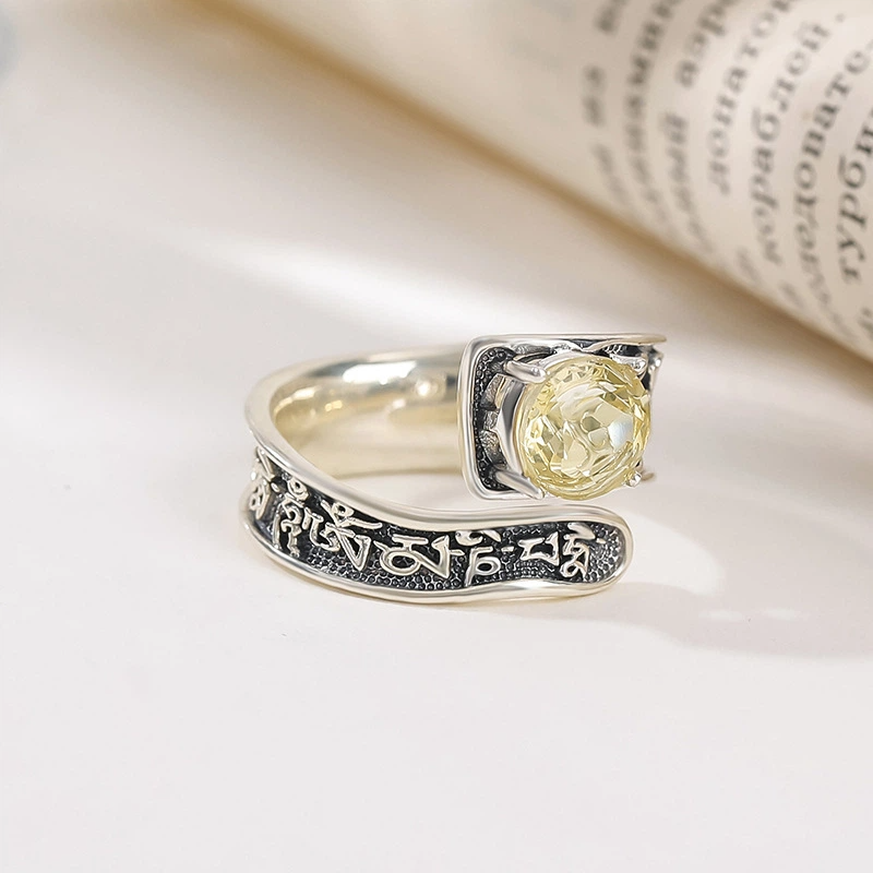 TerraDharma "Prosperity Amplification & Enlightened Harmony" Amethyst/Citrine Faceted Six-Syllable Mantra Open Ring