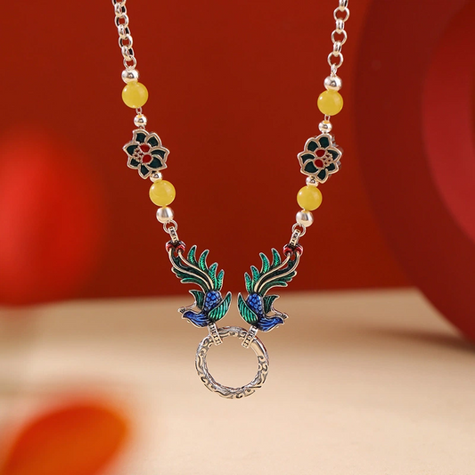 Beeswax & Cloisonné Phoenix and Lotus Necklace