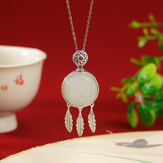 Nature South Red Agate & Hetian Jade Vintage Rose & Feather Tassel Pendant Nacklace (with Sterling Silver)