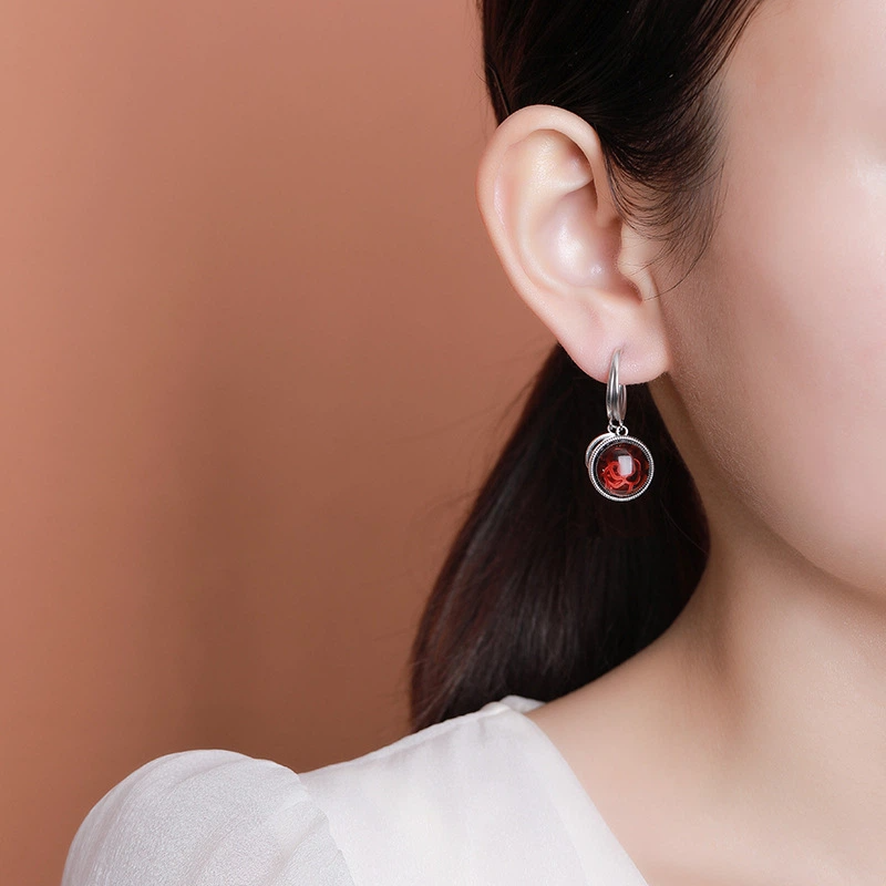 Blood Amber &amp; Hollow - Out Rose Silver Earrings