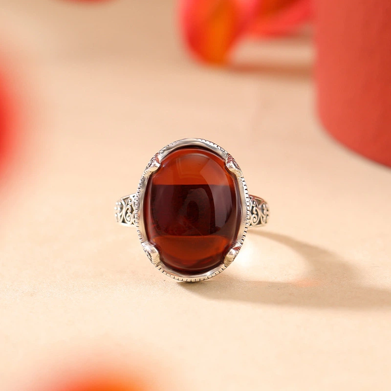 Blood Amber Egg-shaped silver ring
