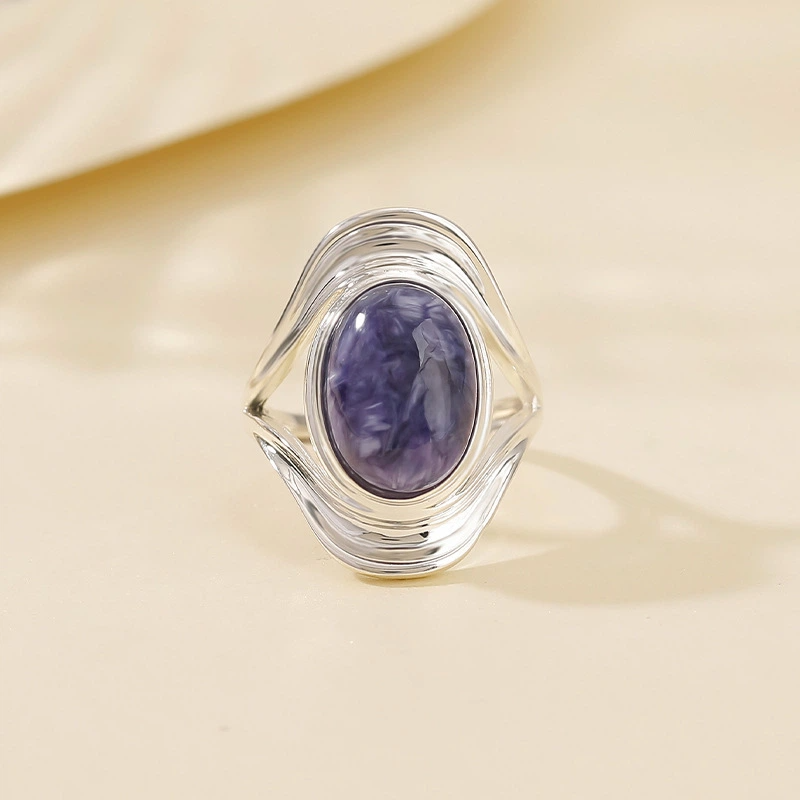 Natural Oval Charoite Sterling Silver Ring (with Simple Design)