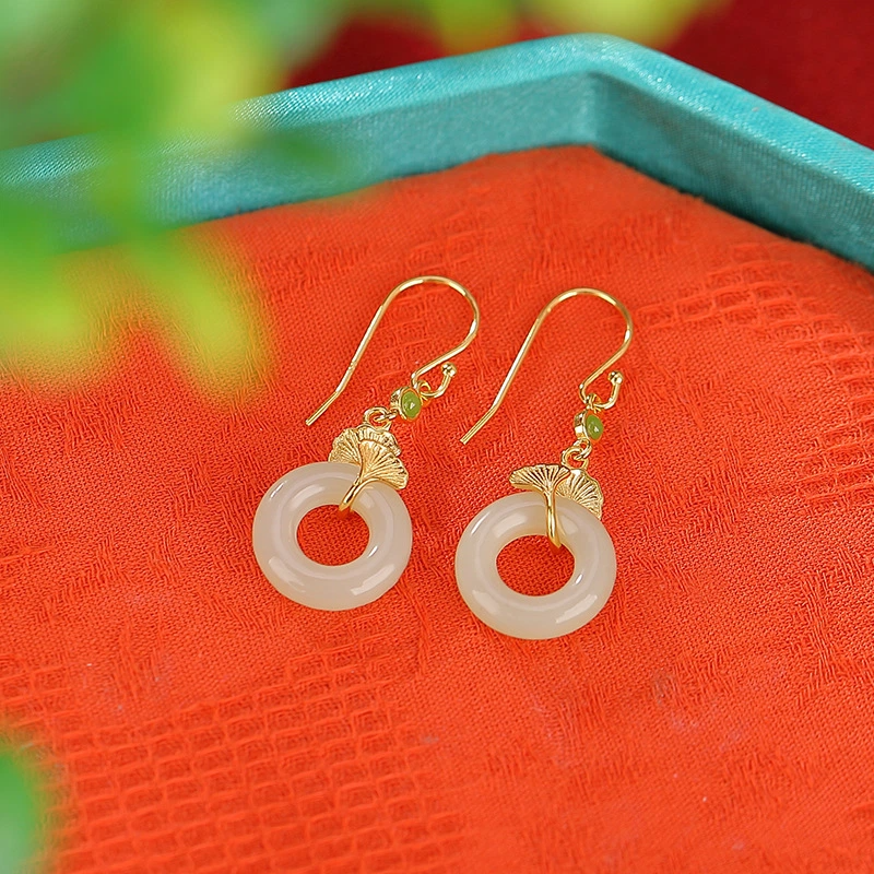 Hetian Jade Peace Amulet &amp; Gilded Ginkgo Leaf Earrings