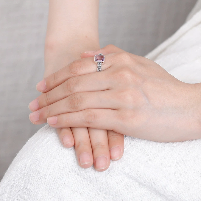 Retro Open Ring with Citrine/Amethyst and Silver Weaving Pattern