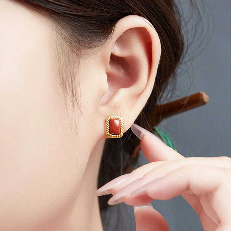 TerraDharma "Heart Healing & Inner Harmony" South Red Agate & Twisted - Pattern Stud Earrings