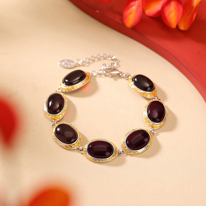 Natural Blood Amber Bracelet (with Silver-Gilded Tang Dynasty Scroll Grass Pattern)