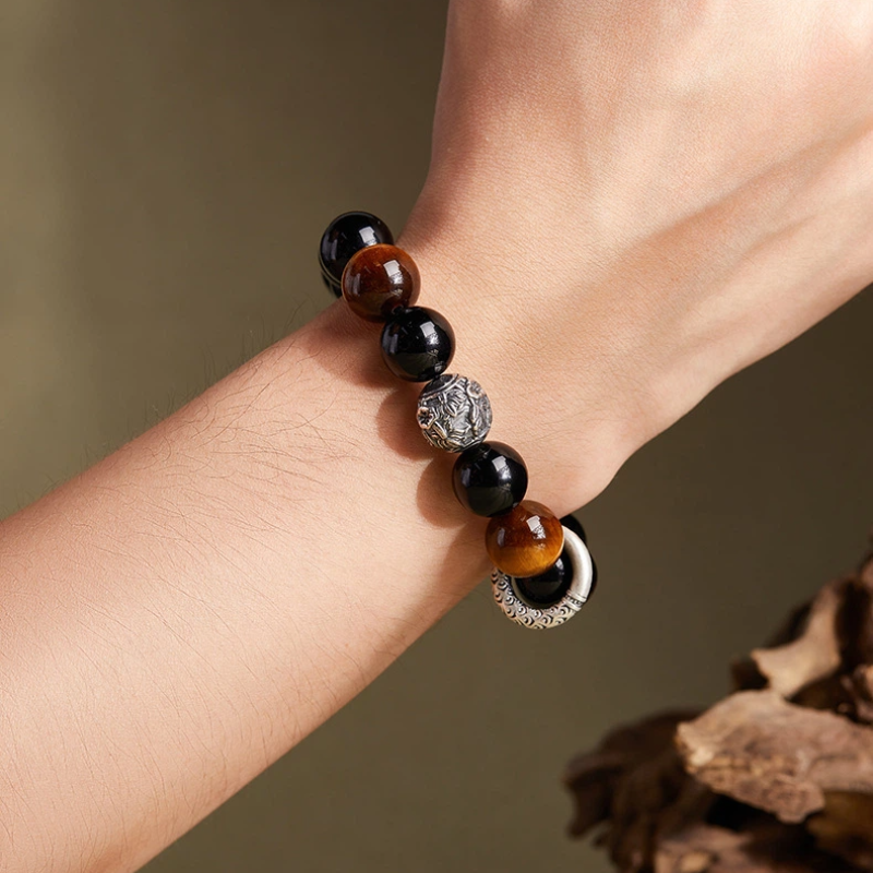 TerraDharma "Spiritual Healing & Confidence Boost" Obsidian & Gold Tiger's Eye Beaded Bracelet