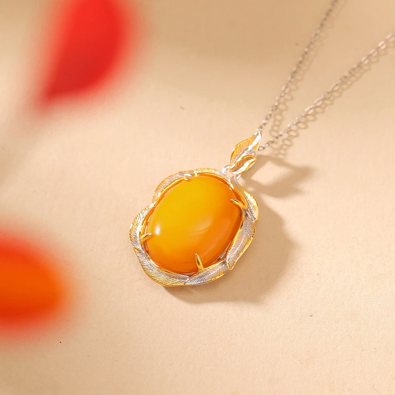 TerraDharma "Vitality Unfolding & Strength-Infused Blessing" Amber & Leaf - Shaped Gilded Silver Pendant Nacklace