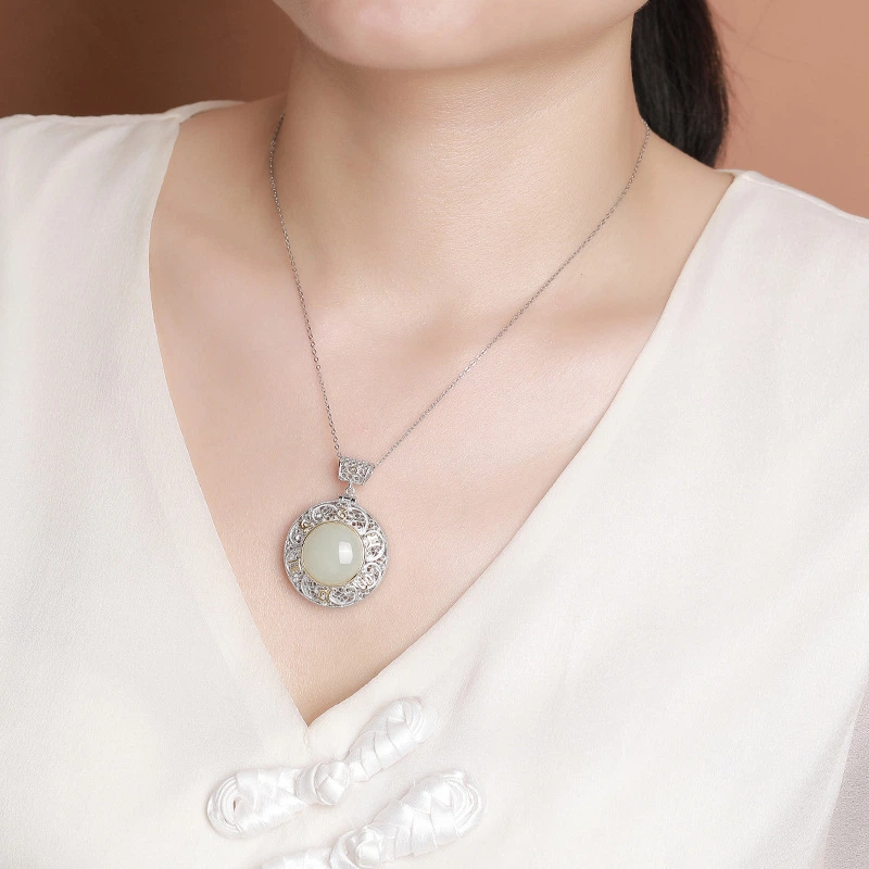 TerraDharma "Spiritual Purification & Harmony Symbol" Nature Hetian Jade with Six-syllable mantra Pendant Nacklace