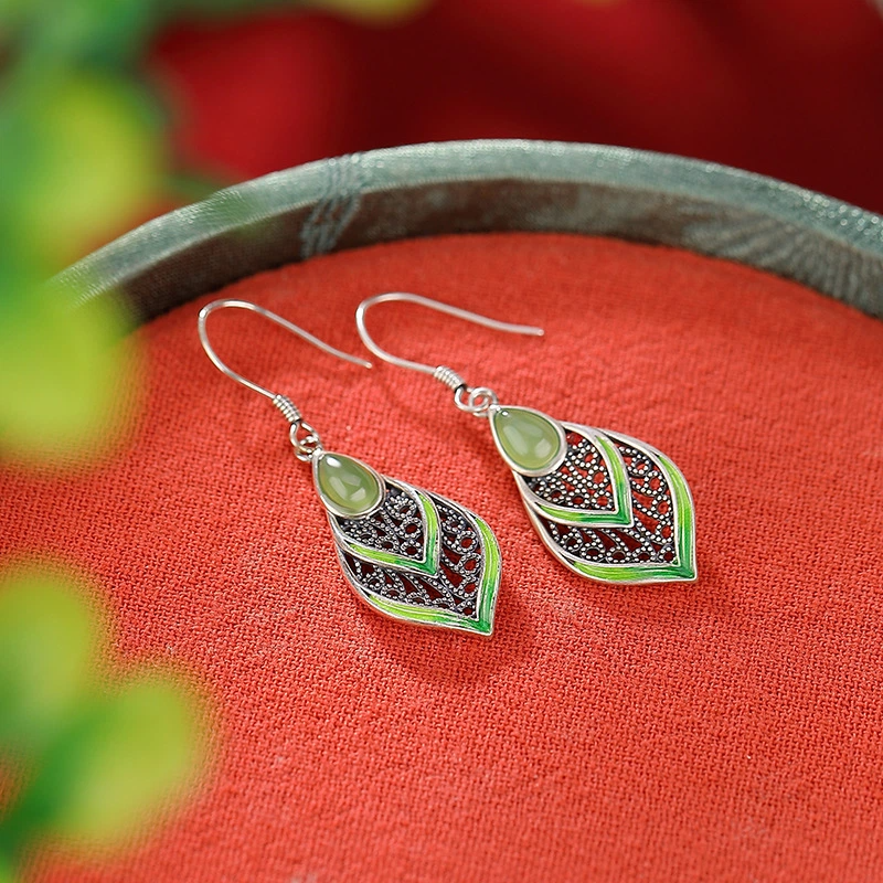 Waterdrop-shaped Hetian Jade & Hollowed-out Cloisonné Leaf Silver Earrings