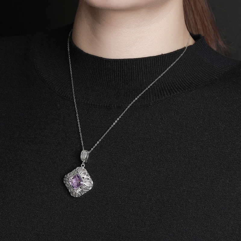 TerraDharma "Vitality Unfolding & Divine Wisdom" Amethyst & Scroll Pattern Rhombus Silver Pendant Nacklace
