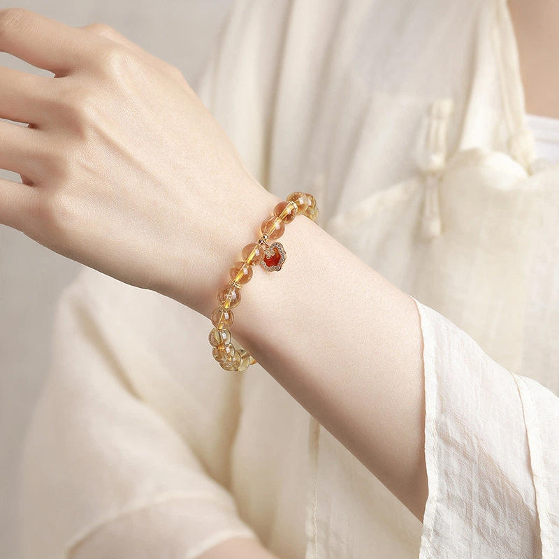 Citrine Lucky Charm Bead Bracelet (with Gold-plated Sterling Silver Ruyi Pendant)