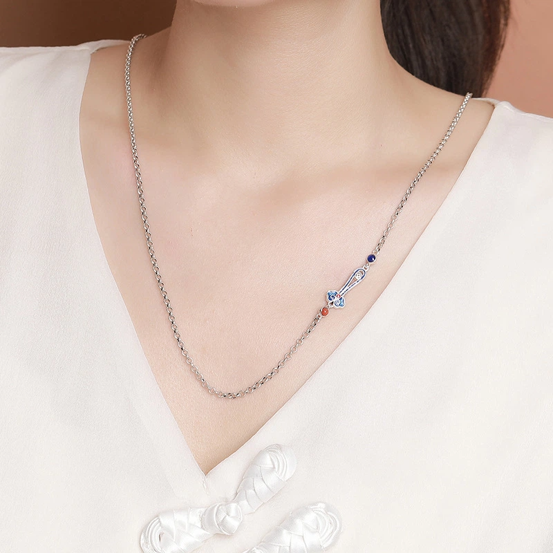 TerraDharma "Blessing Embracing & Wealth Attraction" South Red Agate & Cloisonné Ruyi Sterling Silver Necklace