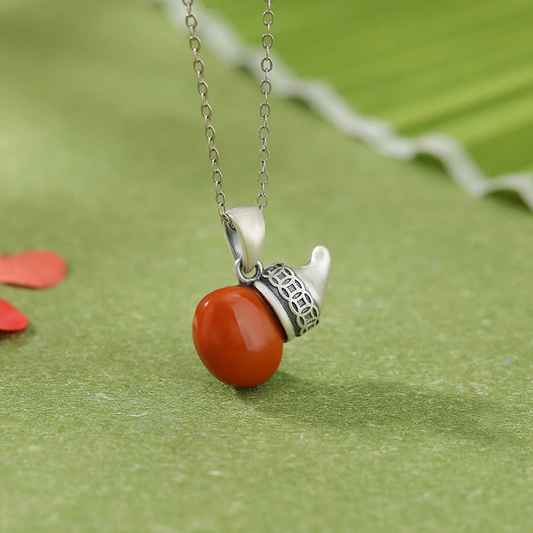 South Red Agate Gourd-shaped Pendant Nacklace (with Sterling Silver Fu Pattern)