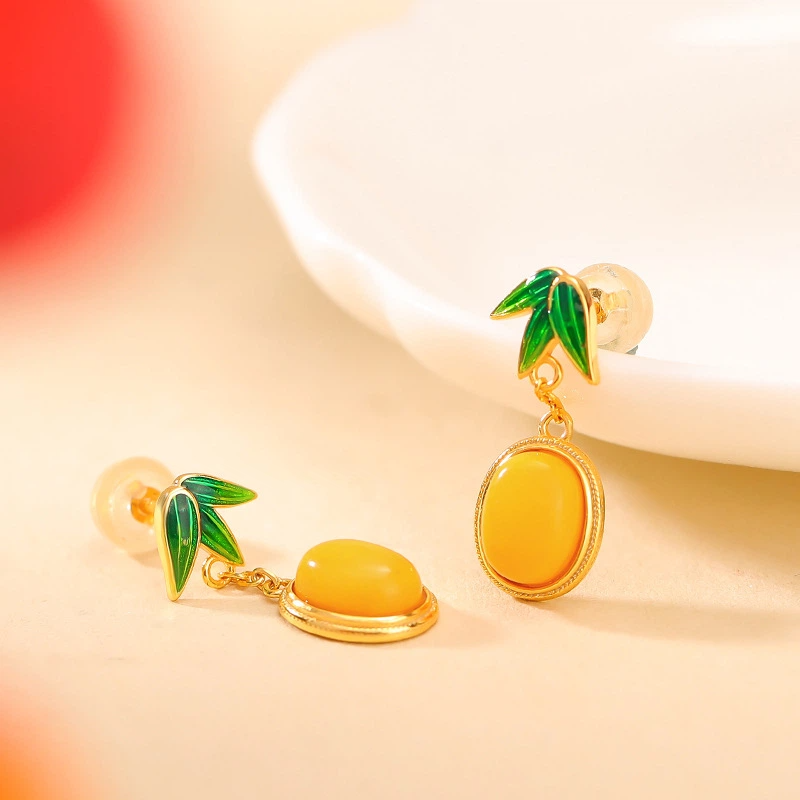 TerraDharma "Nurturing Fortune & Vitality Aundance" Amber & Enamel Bamboo Leaves Earrings