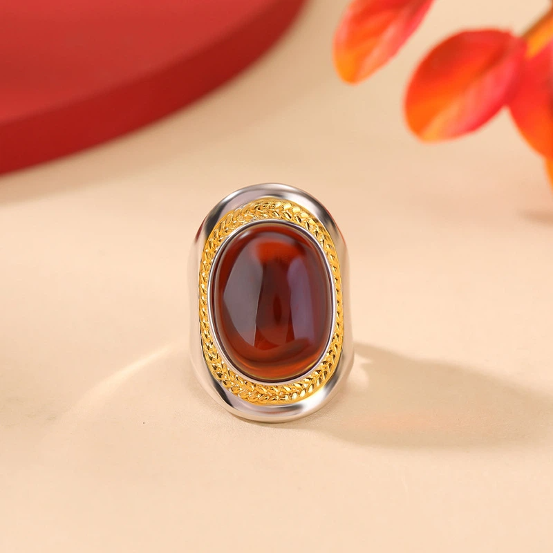 TerraDharma "Courage Ignition & Wealth Attraction" Blood Amber & Wheat Ear - Patterned Ring
