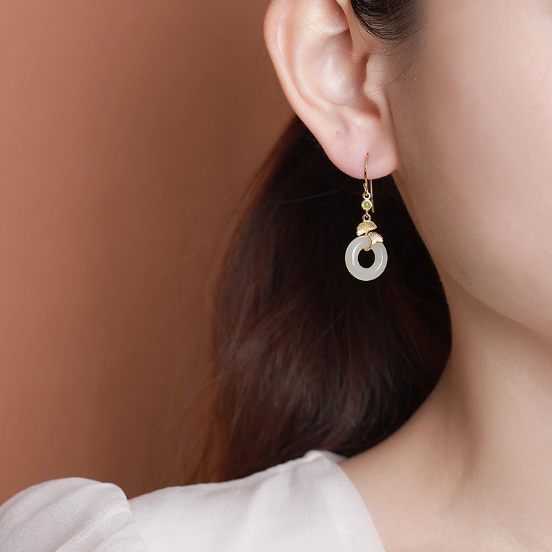 Hetian Jade Peace Amulet &amp; Gilded Ginkgo Leaf Earrings