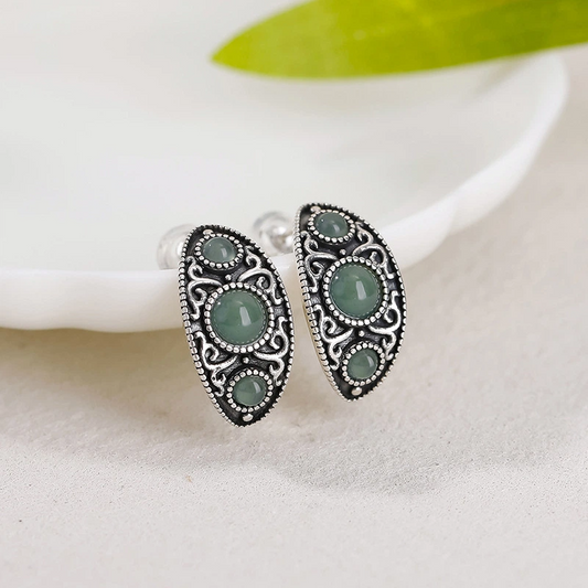 Blue Water Jadeite & Silver Scroll (Tang - Grass) Pattern Earrings