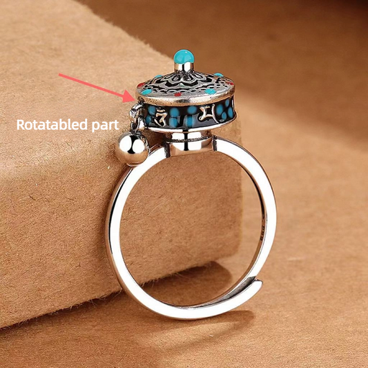 Cloisonné Enamel Lotus Prayer Wheel Ring (Size-adjustable)