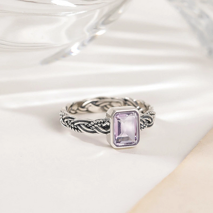 Retro Open Ring with Citrine/Amethyst and Silver Weaving Pattern