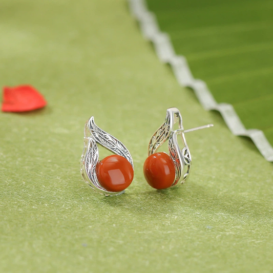 South Red Agate &amp; Scroll - Patterned Silver Stud Earrings