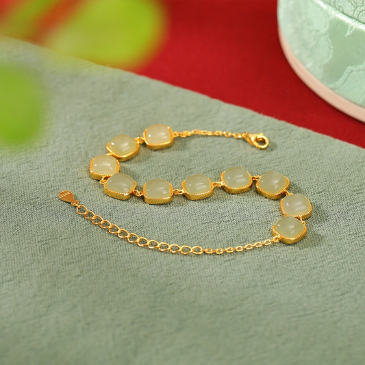 Natural Hetian Jade Geometric Square Bead Bracelet (with Gold-plated Silver)