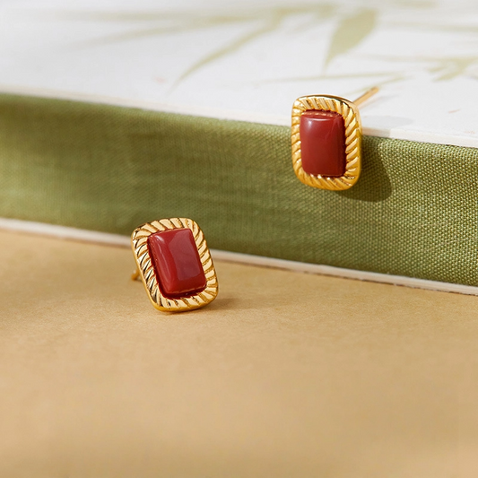 South Red Agate & Twisted - Pattern Stud Earrings