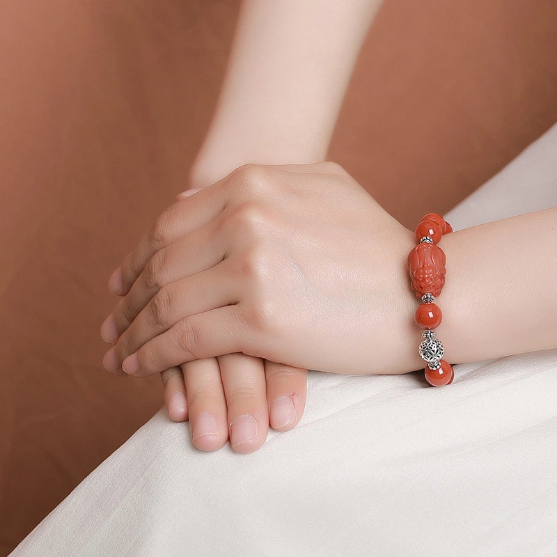TerraDharma "Wealth-Attracting Blessing & Lucky Protection" South Red Agate & Pi Yao with Silver Charm Bracelet