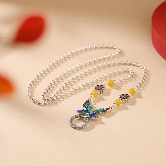 Beeswax & Cloisonné Phoenix and Lotus Necklace