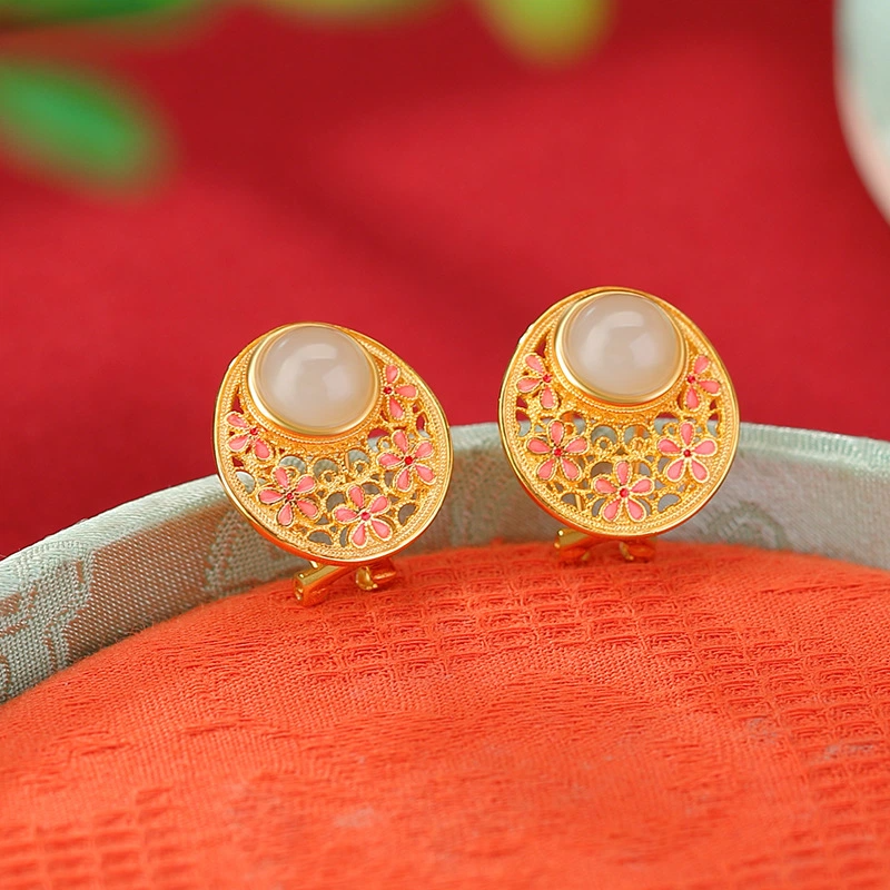 Pink Enamel with Hetian Jade Openwork Stud earrings with clip-on Function (Gold-plated Sterling Silver)