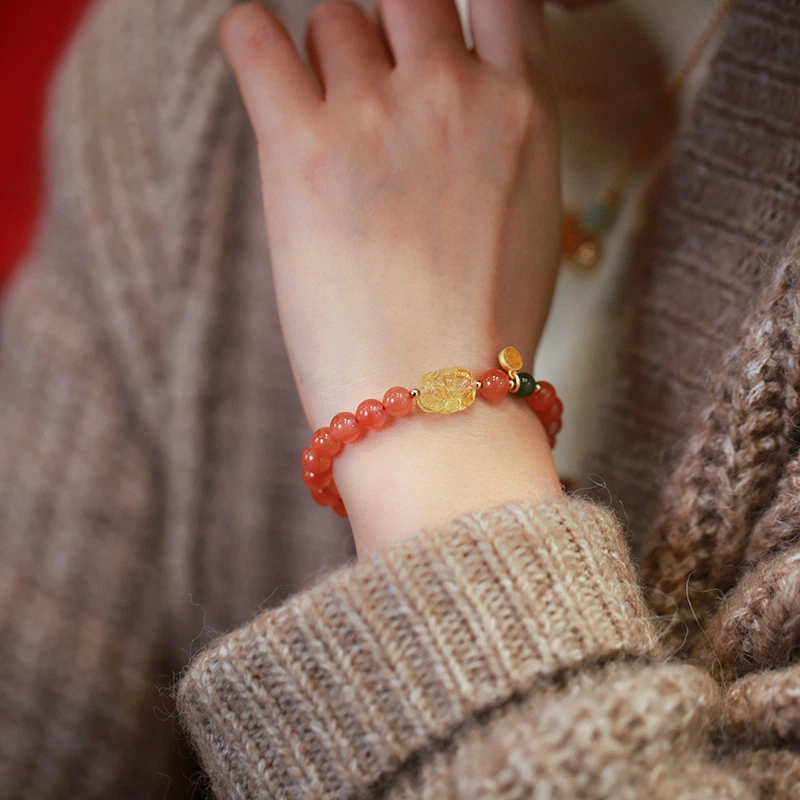 TerraDharma "Wealth-Attracting Blessing & Emotional Comfort" Natural South Red Agate Bracelet (with Amber Pi Yao)