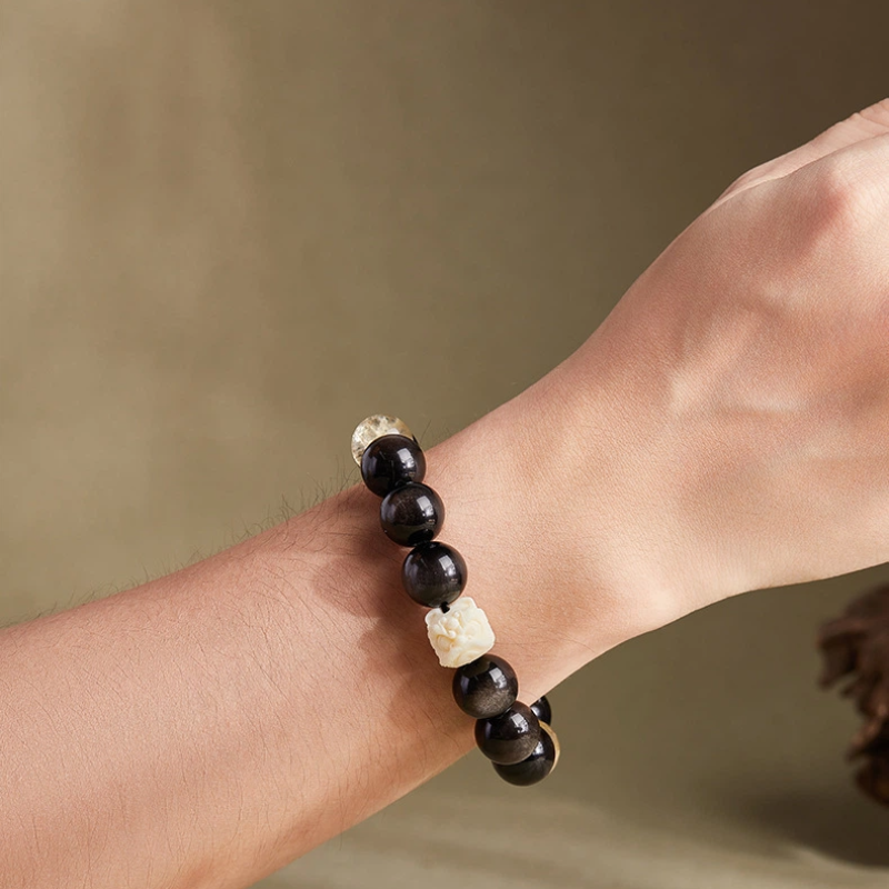 Ivory Nut of Awakening Lion & Lemon Quartz and Silver Obsidian Bracelet
