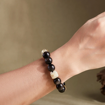 Ivory Nut of Awakening Lion & Lemon Quartz and Silver Obsidian Bracelet