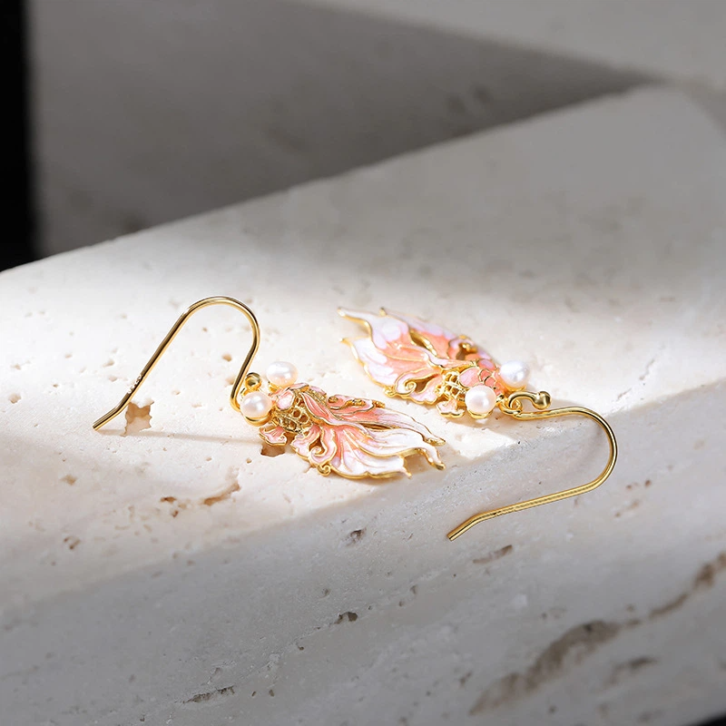 TerraDharma "Fortune Attraction & Radiant Harmony" Freshwater Pearl with Pink Enamel Koi Earrings