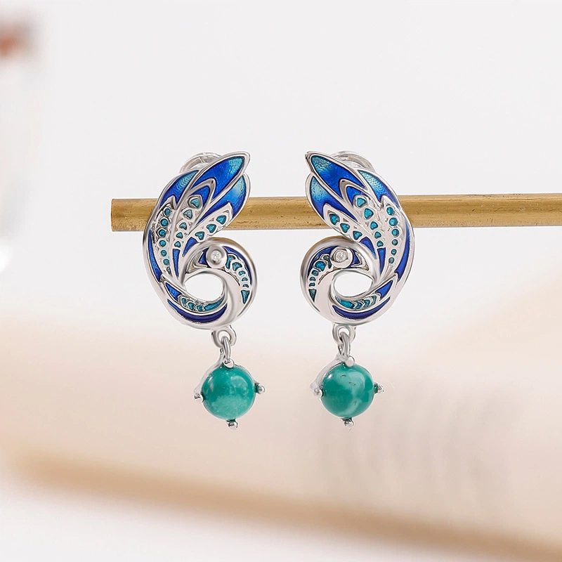 Enamel Peacock-shaped Earrings with Turquoise Stones