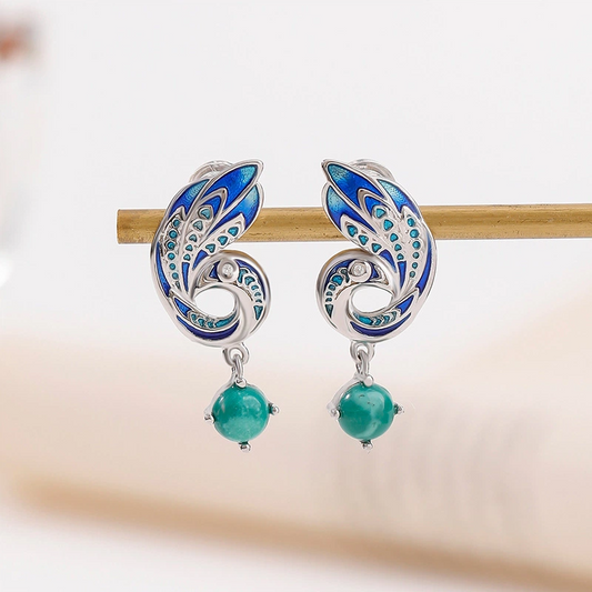 Enamel Peacock-shaped Earrings with Turquoise Stones