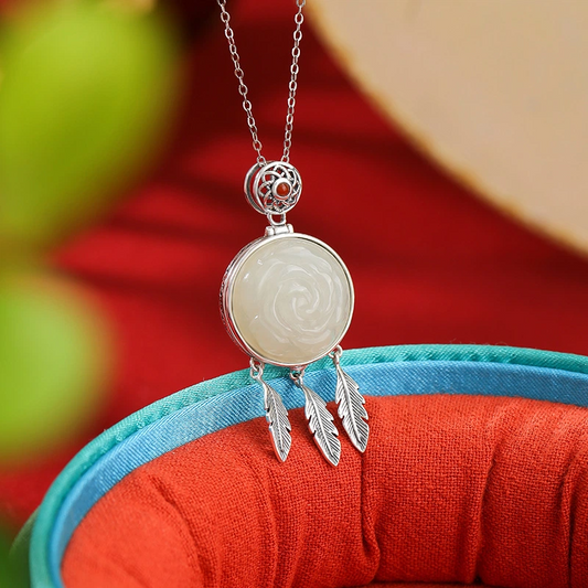 Nature South Red Agate & Hetian Jade Vintage Rose & Feather Tassel Pendant Nacklace (with Sterling Silver)