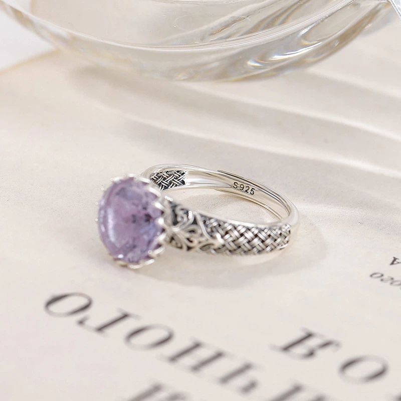 Amethyst & Lotus - Engraved Silver Ring