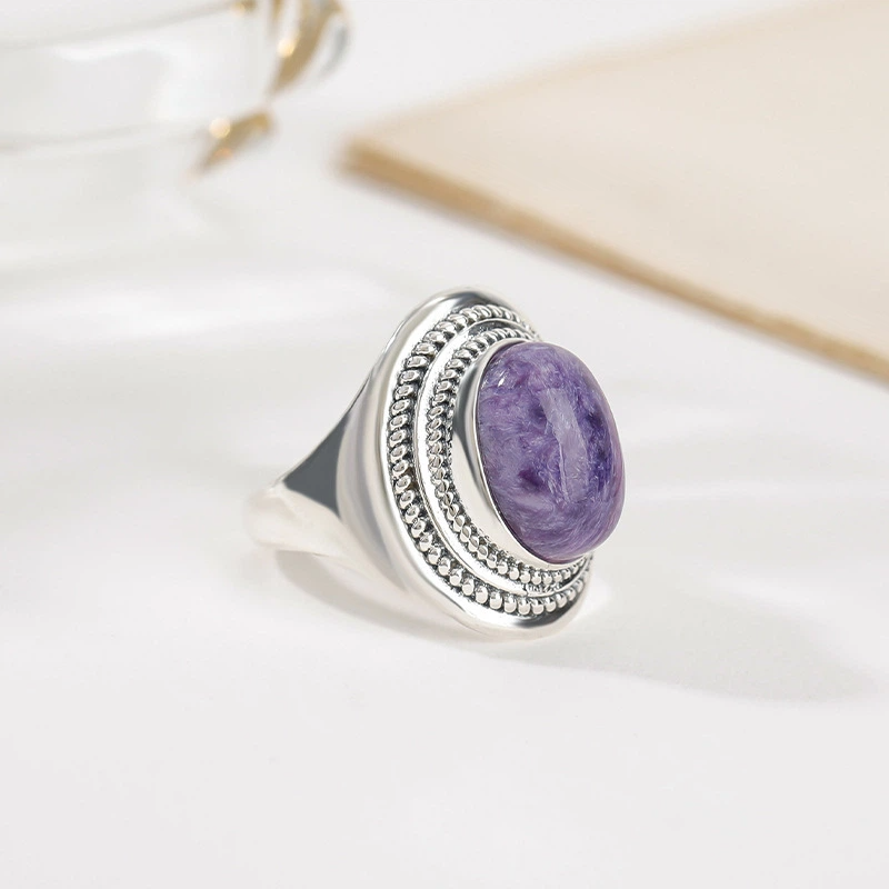 Natural Oval Charoite Sterling Silver Ring